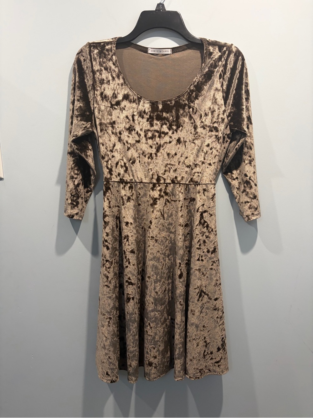 Chris & Carol Taupe Brown Crushed Velvet 3/4 Sleeve Skater Dress Sz S